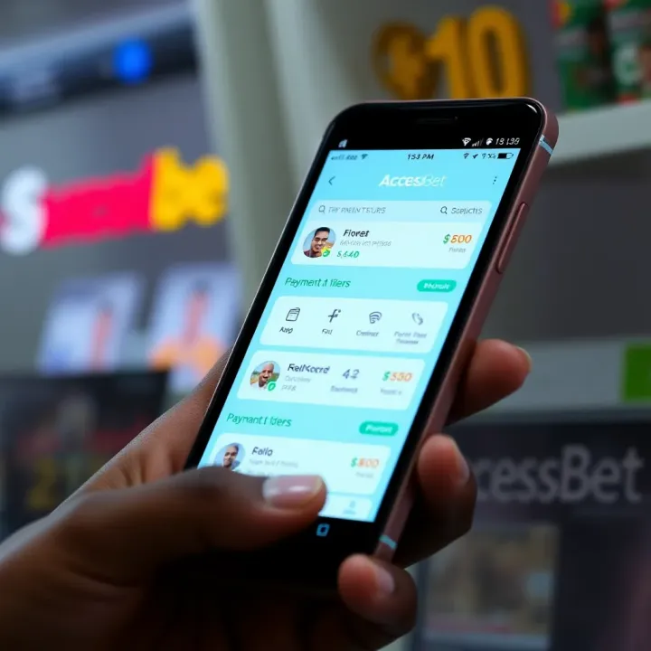 Mobile phone screen displaying AccessBet app with payment and promotional features
