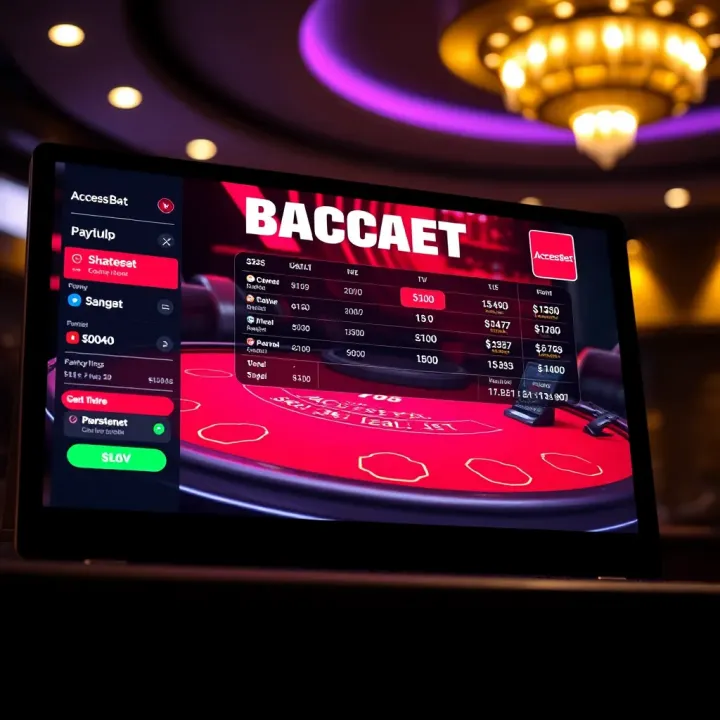 User interface displaying AccessBet baccarat game with betting options and payout details on screen