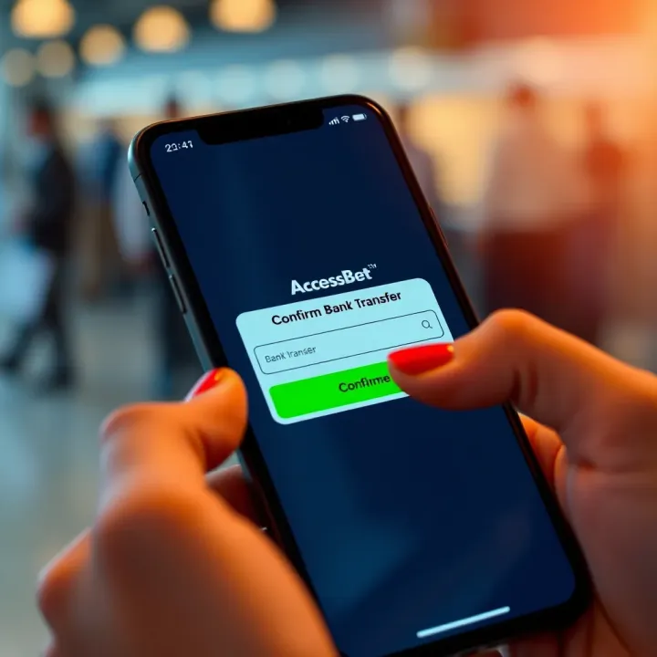 Mobile device displaying a bank transfer confirmation screen for AccessBet account funding