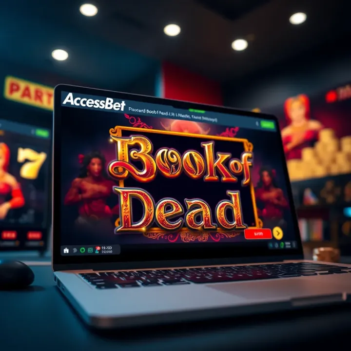 Interface showcasing AccessBet platform with Book of Dead slot game screen