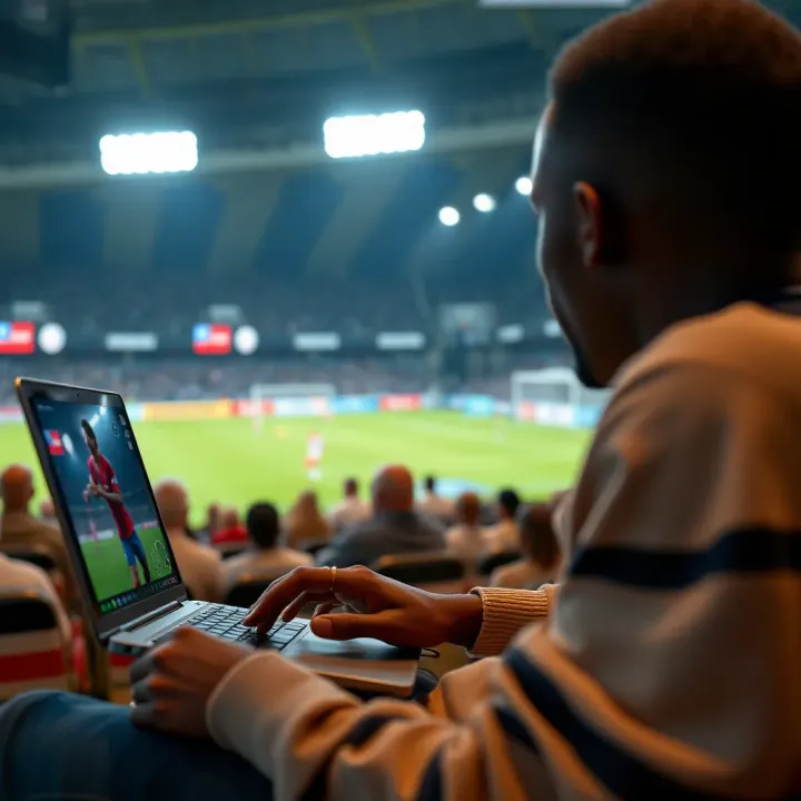 Illustration showing a Nigerian football fan watching a Bundesliga match live on AccessBet platform using a laptop