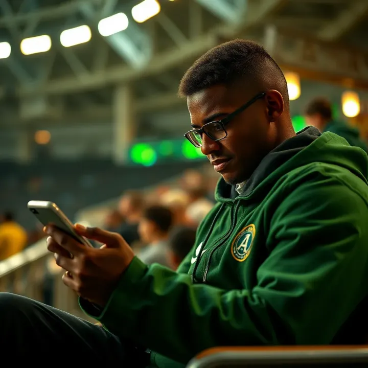 Engaging with AccessBet Services for Champions League Betting Football fan using a mobile device to access AccessBet services during Champions League games