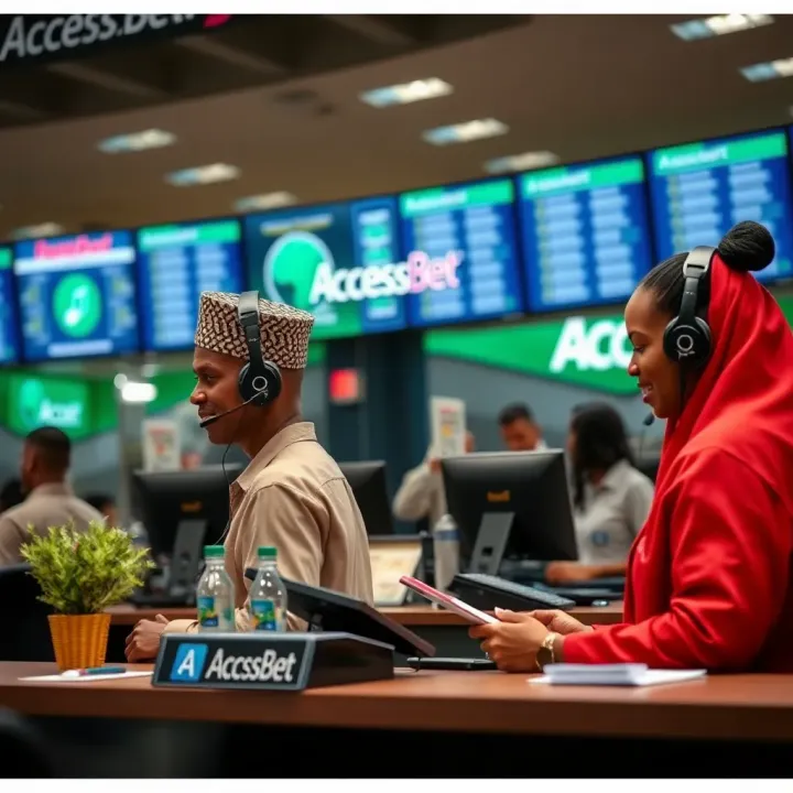 Customer service representative assisting a client at AccessBet support desk