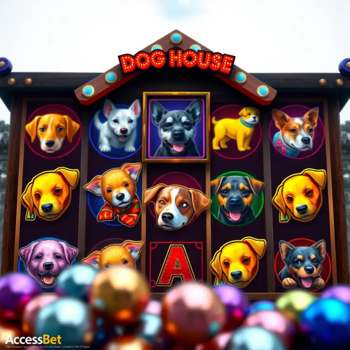 Colorful reels with various dog-themed symbols in a Megaways slot game