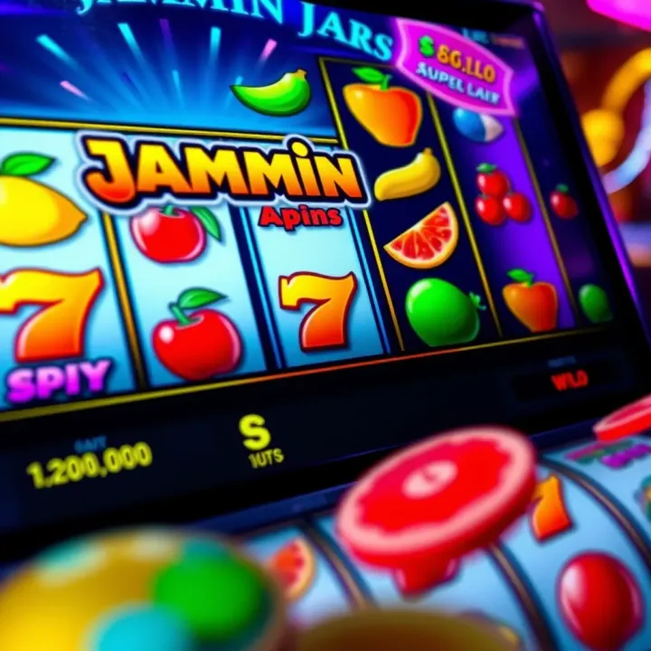 Colorful Jammin Jars slot game interface showing vibrant fruit symbols and cascading reels