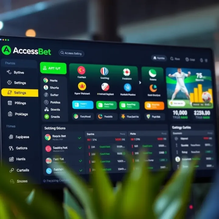 Dashboard overview of AccessBet platform showing various sports betting options and navigation menu