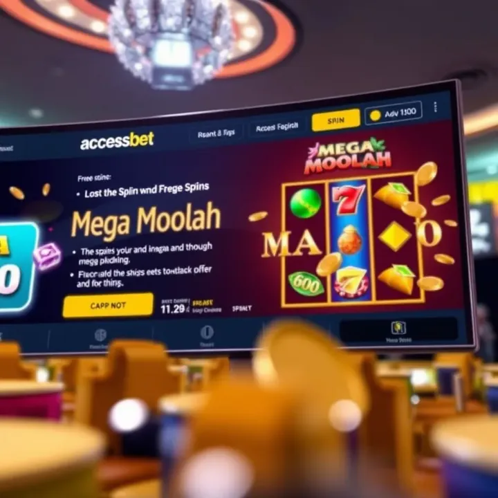Illustration of the AccessBet platform interface showing the Mega Moolah slot game with highlighted free spins feature