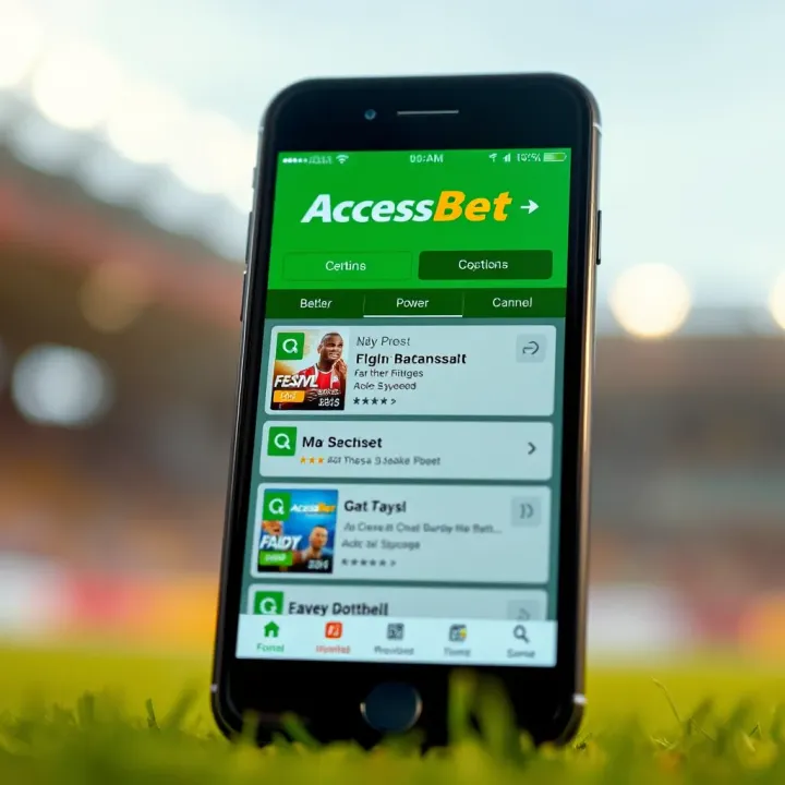 Mobile phone displaying AccessBet's home page with betting options and navigation menu