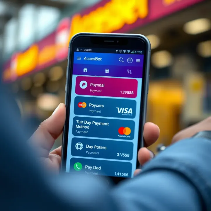 Mobile phone displaying secure payment methods available on AccessBet Mobile app