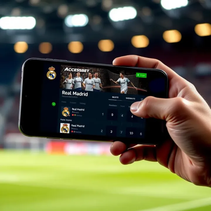 Mobile device displaying AccessBet platform with Real Madrid betting options and user interface