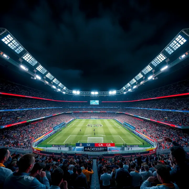 Real Madrid Stadium Illuminated During a Thrilling Match Real Madrid football stadium lit up at night with enthusiastic fans in the stands