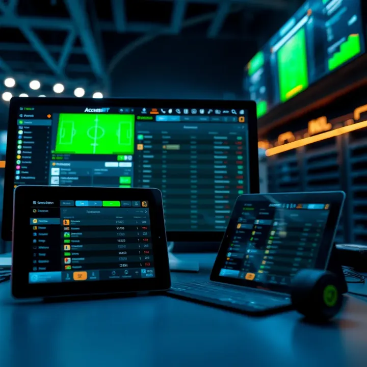 Multiple devices showing AccessBet Scoreline real-time football match details