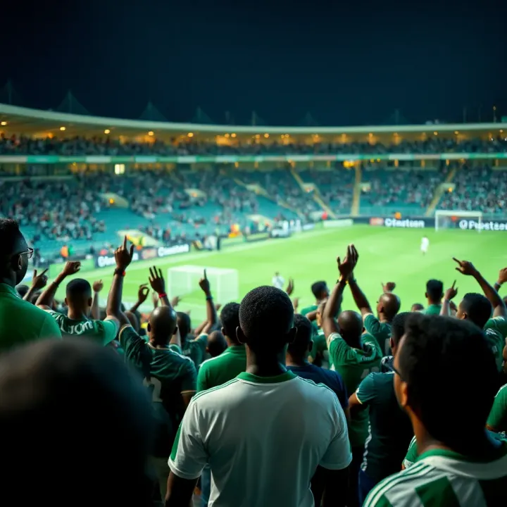 Football stadium filled with enthusiastic Nigerian fans supporting the Super Eagles during a night match