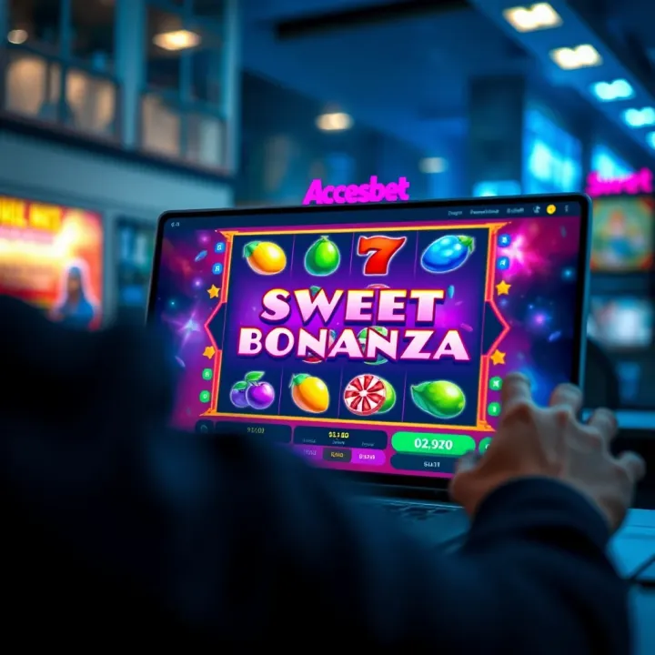 User interface of AccessBet platform displaying Sweet Bonanza slot game with colorful fruit and candy symbols