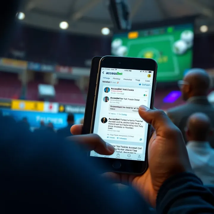 Illustration of a smartphone screen showing AccessBet promotional tweets and secure user interaction tips