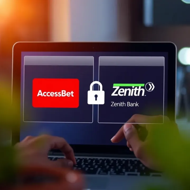 Illustration of secure online payment interface showing AccessBet and Zenith Bank icons for fast transactions