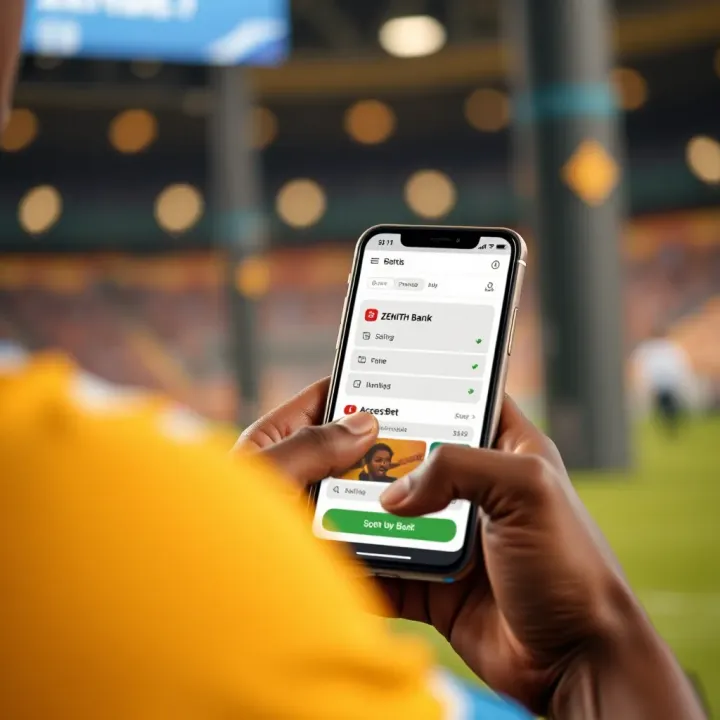 User navigating AccessBet betting platform on a smartphone with Zenith Bank app open for seamless payment