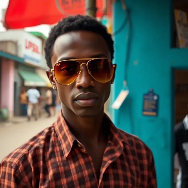Classic aviator sunglasses with reflective lenses on a vibrant Nigerian street background