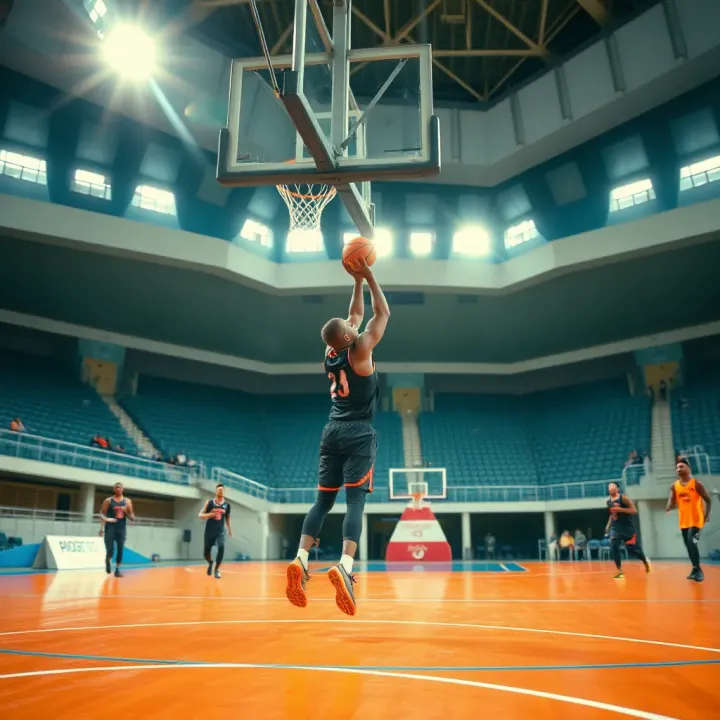 A basketball court with a player shooting a basket under bright stadium lights