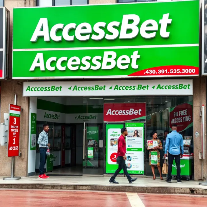 Exterior of AccessBet shop with signage and customers outside in Nigeria