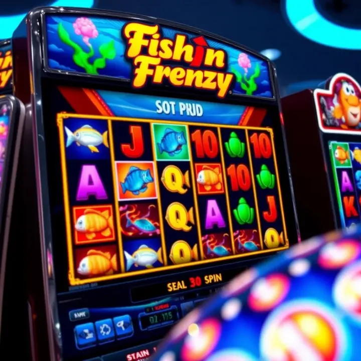 Colorful Fishin Frenzy slot game interface with vibrant ocean-themed symbols and reels