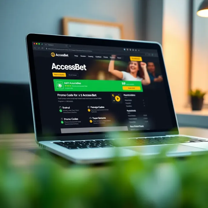 Illustration showing a laptop screen displaying AccessBet website with promo codes highlighted