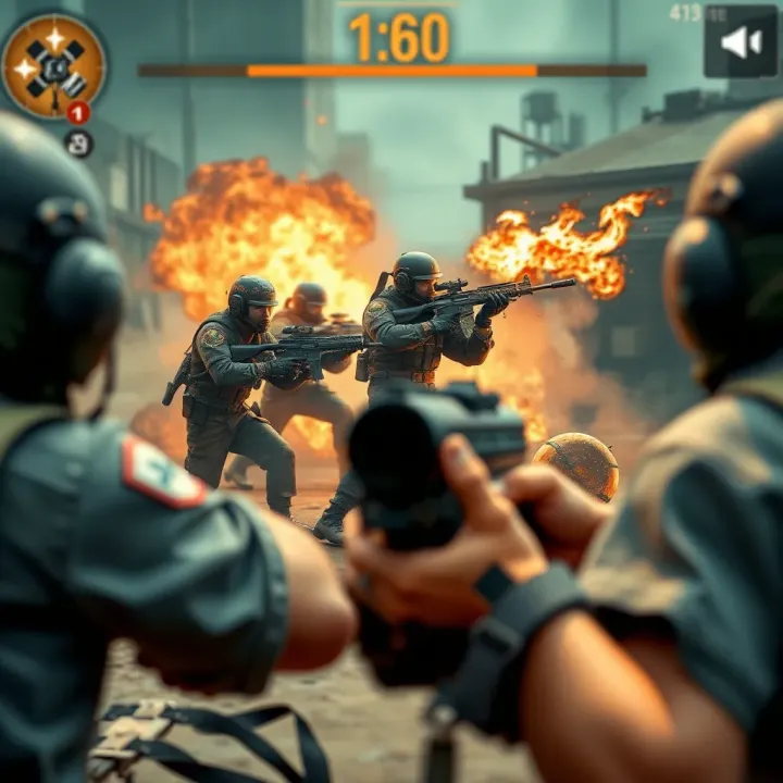 Multiplayer mobile game interface showing characters in combat with weapons and power-ups