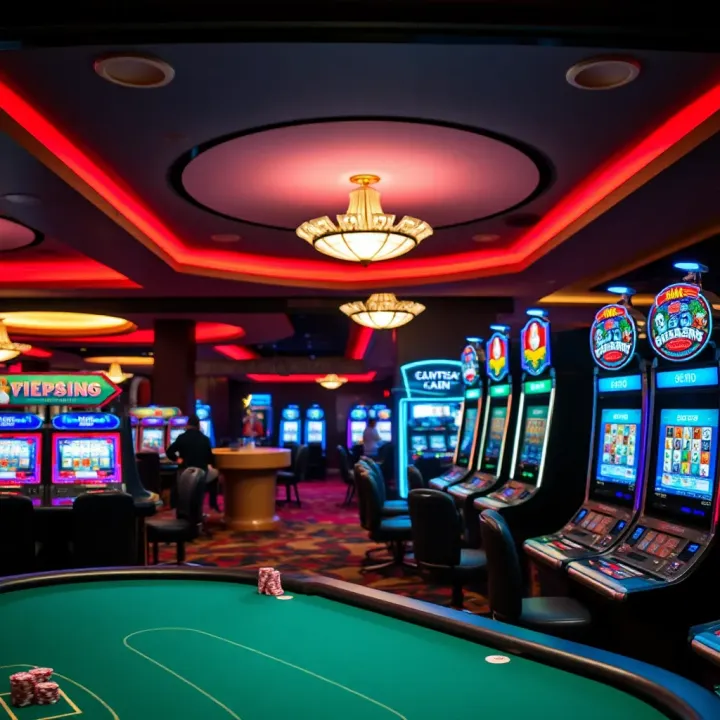 Gaming tables and slot machines inside a vibrant casino
