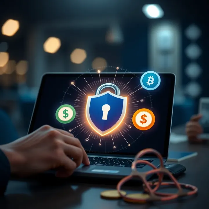 Graphic representing secure online transaction with digital currency and banking icons