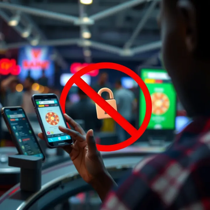 Conceptual illustration of a person choosing to block access to gambling platforms on digital devices